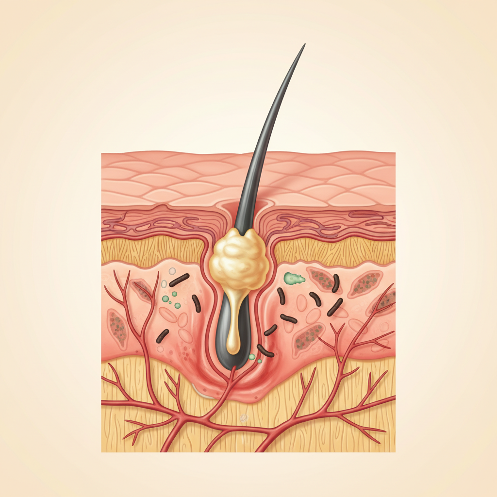 一个放大的皮肤毛囊结构模型，展示了油脂堵塞和细菌引发炎症的过程，色彩鲜明且结构清晰