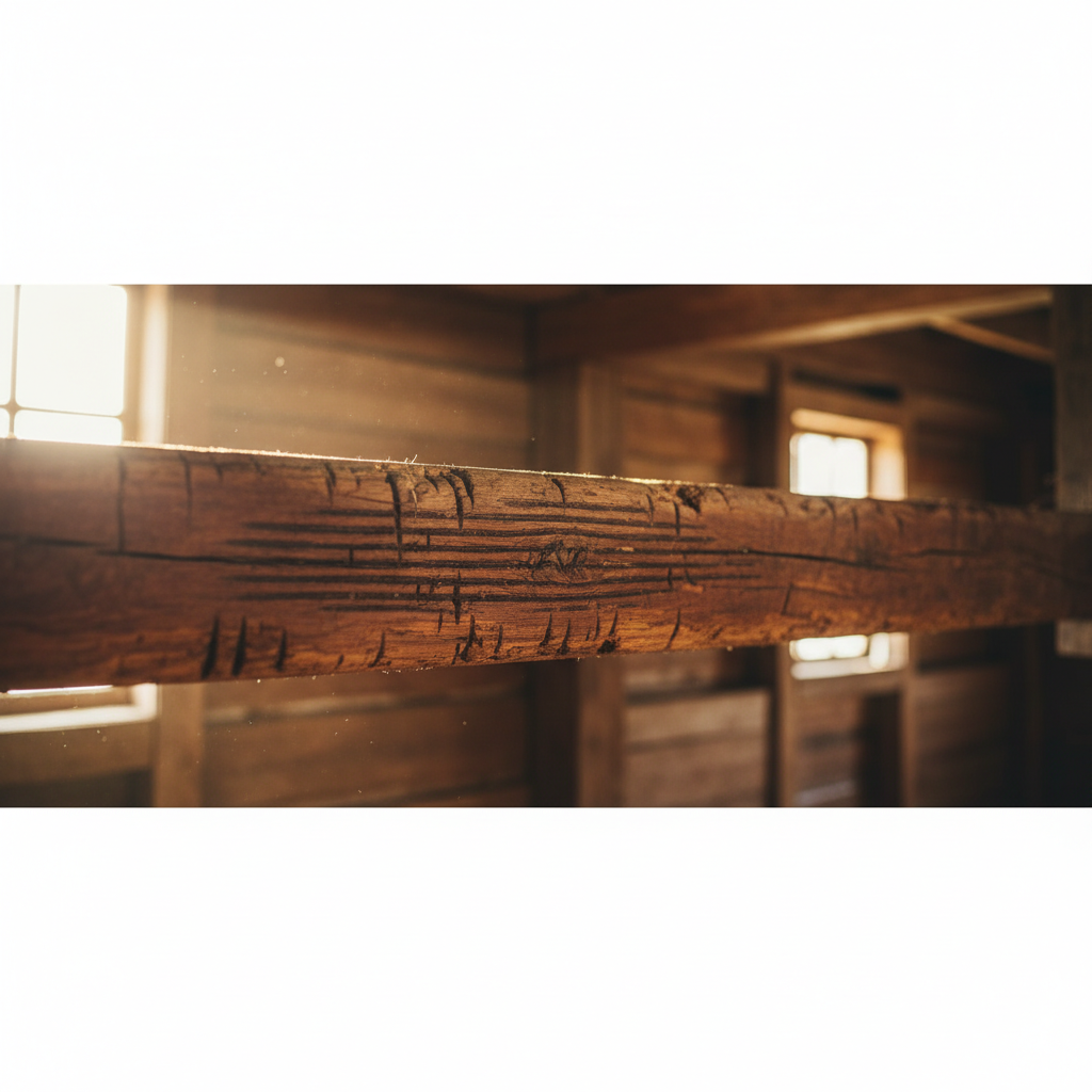 一个老旧的木质房梁，上面隐约可见几道深深的绳索勒痕，透着岁月沉重感