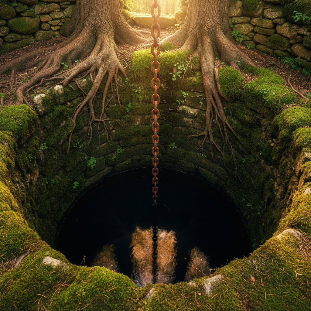 幽深的古井口，一根粗大且布满锈迹的铁链垂入深不见底的黑水中，井壁长满青苔