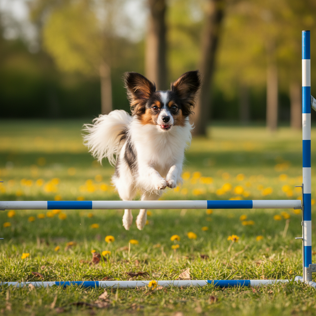一只长着蝴蝶般大耳朵的蝴蝶犬轻快地跳过障碍杆，长毛随风飘动，展现出极高的敏捷性和灵动感