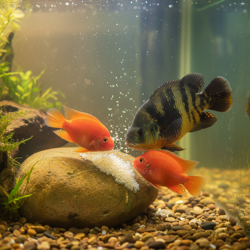 鱼缸角落里，一对鹦鹉鱼正守在一堆半透明的鱼卵旁，雄鱼驱赶着试图靠近的地图鱼