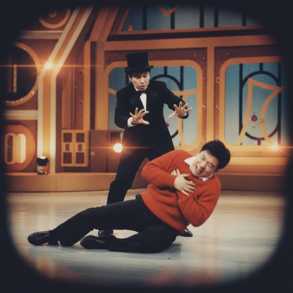 1986年春晚舞台上陈佩斯身穿红色毛衣痛苦倒地，魔术师在其身旁做抓取状的模糊电视截图