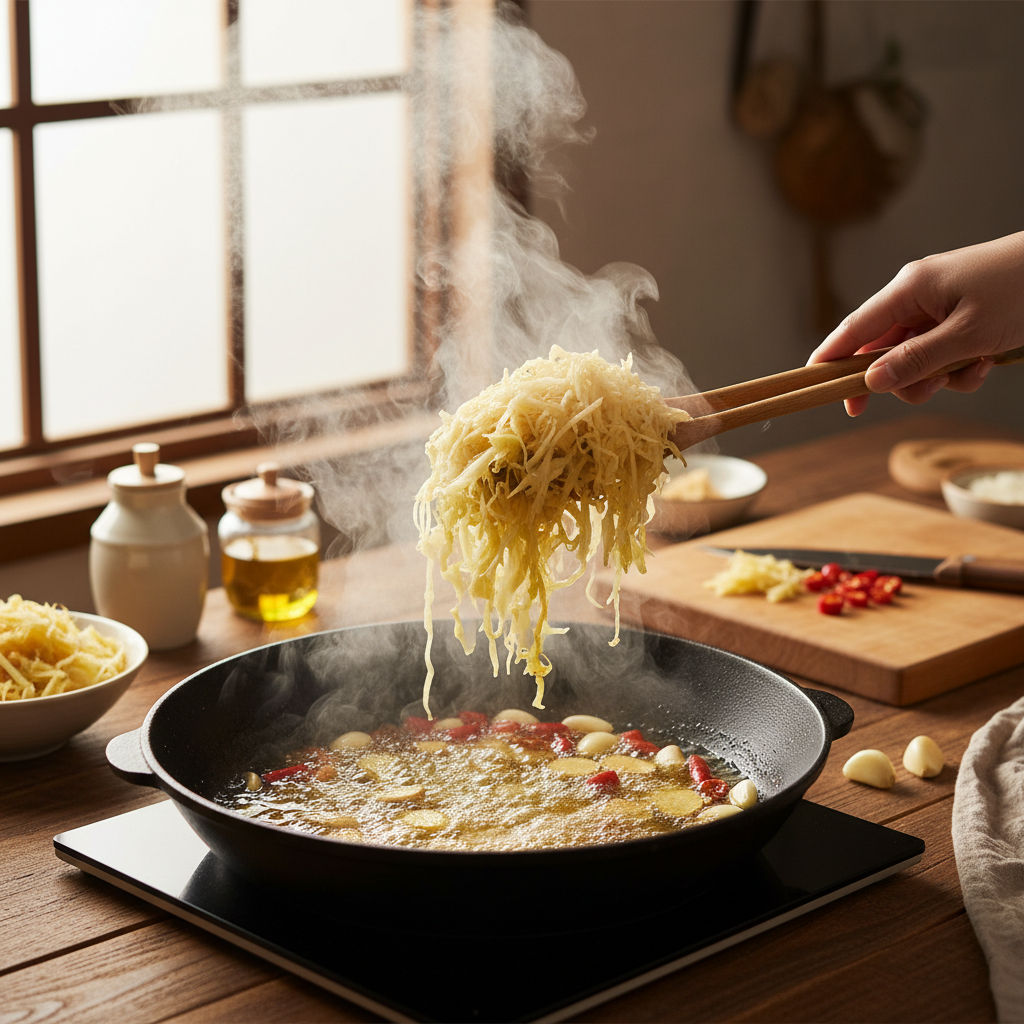 铁锅中热油翻滚,姜片、蒜瓣和红亮的小米辣在锅底跳动,酸菜下锅的一瞬间激起阵阵白烟