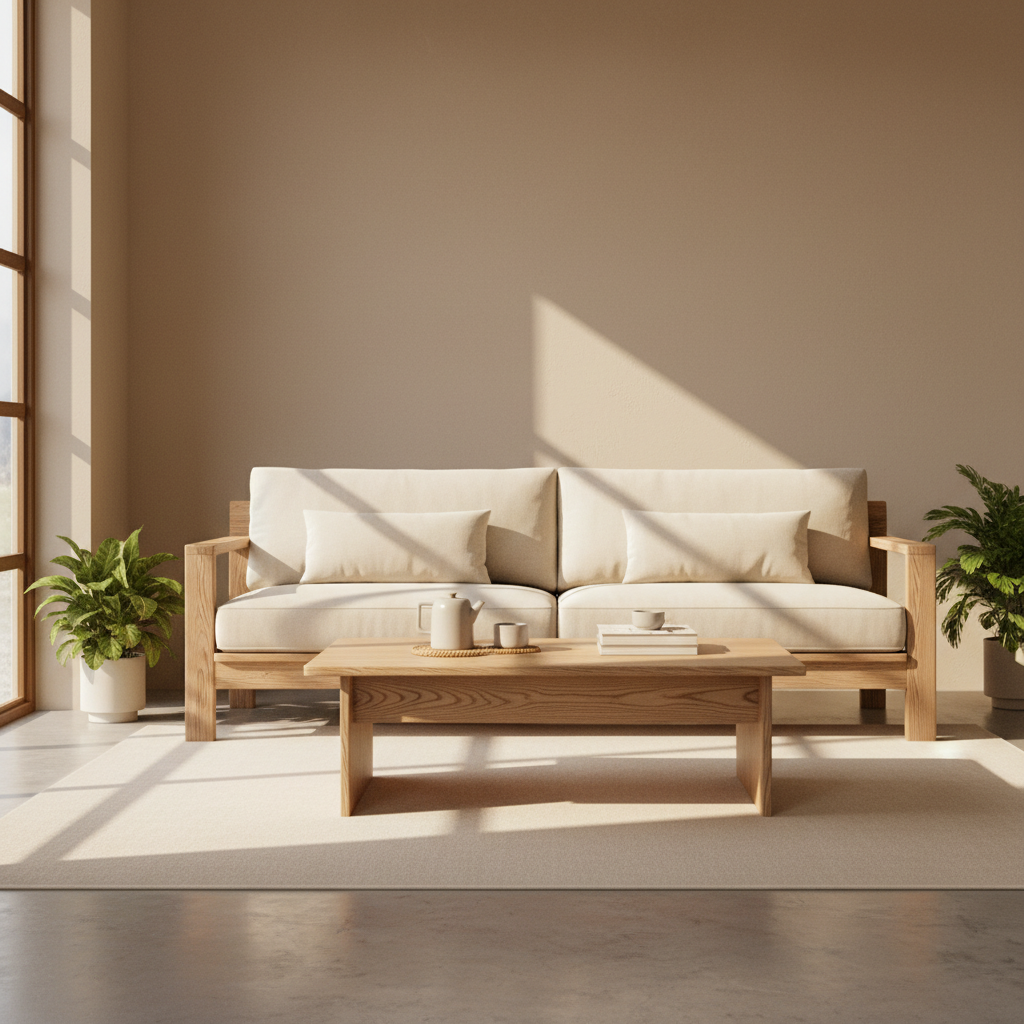 一个明亮的客厅实景，摆放着浅色水曲柳沙发和茶几，背景是米白色墙面，阳光洒在清晰的木纹上