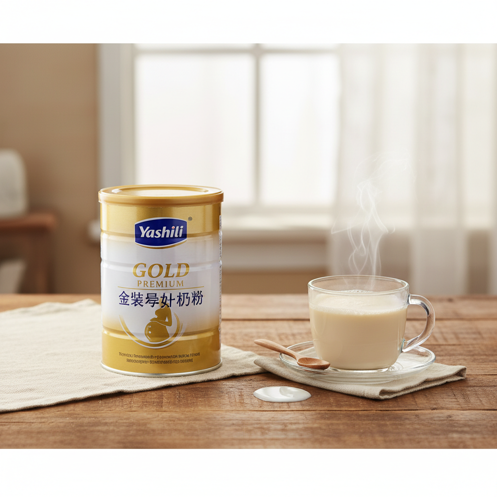 一罐雅士利金装孕妇奶粉放在木质餐桌上，旁边是一杯冲泡好的温热牛奶，散发着淡淡的奶香