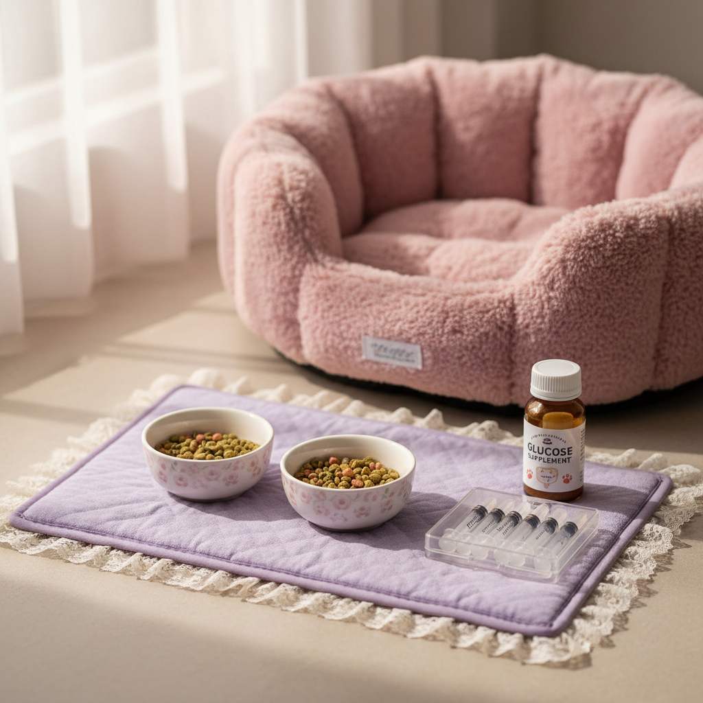 一个浅紫色的蕾丝宠物垫上，摆放着精致的小号陶瓷碗，旁边有一盒针筒和葡萄糖补充剂，背景是粉色的温馨狗窝