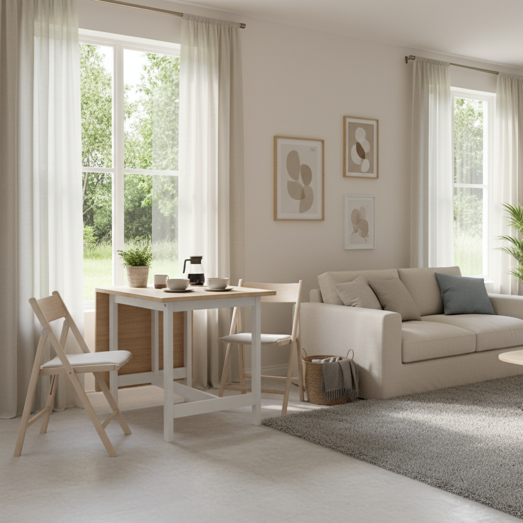 白色小客厅里折叠餐桌靠窗摆放