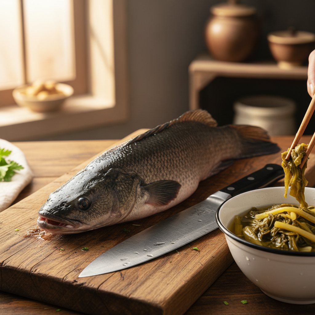 一条新鲜肥美的黑鱼横卧在木质案板上,刀刃闪着寒光,旁边放着一碗浸泡在清水中的酸菜
