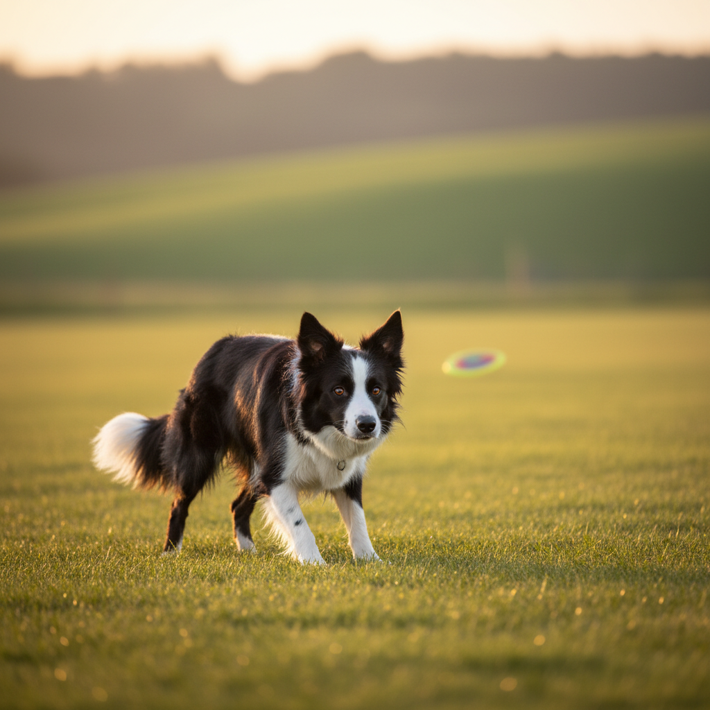 一只黑白相间的边境牧羊犬正在草地上专注地盯着远处的飞盘，身体呈预备冲刺姿态，眼神锐利聪明