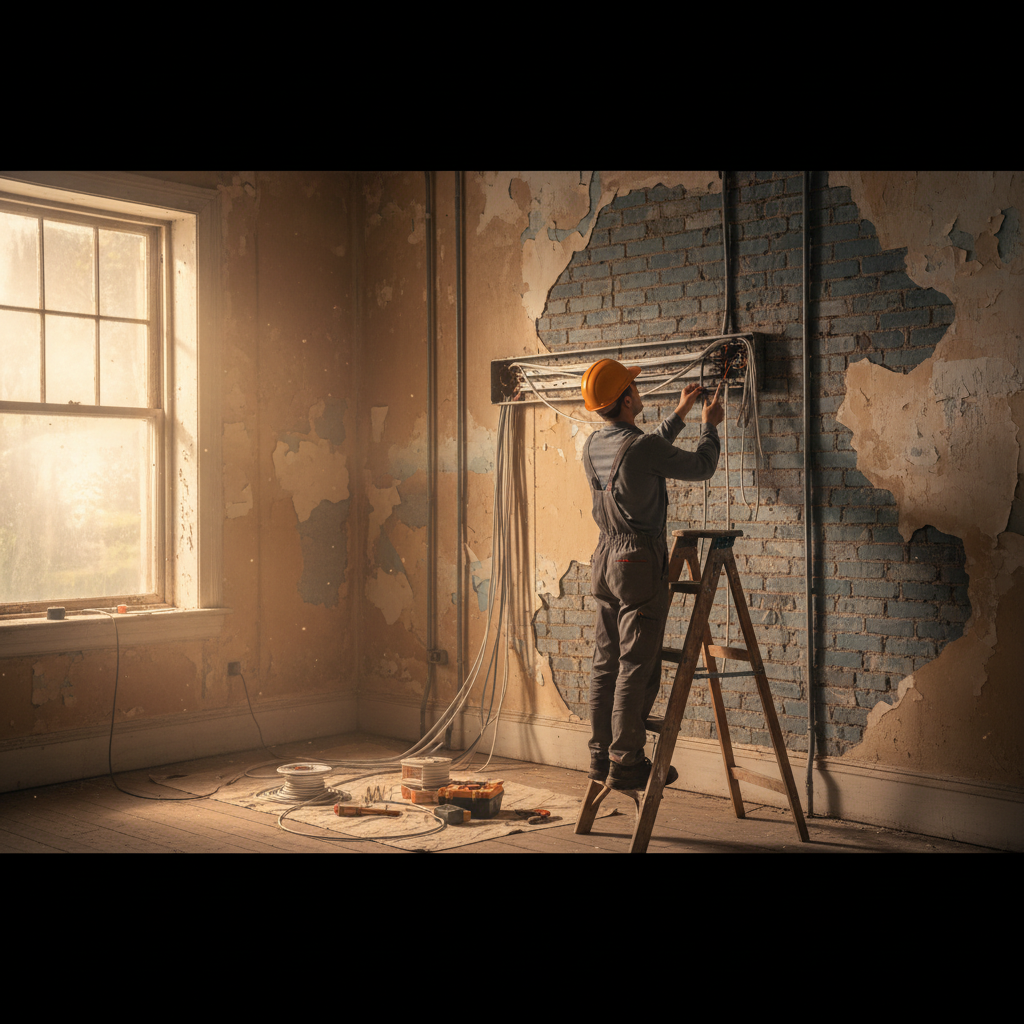 电工师傅正在昏暗的老房子里更换老旧的铝芯电线,斑驳的墙皮剥落,露出里面的青砖和凌乱的线管