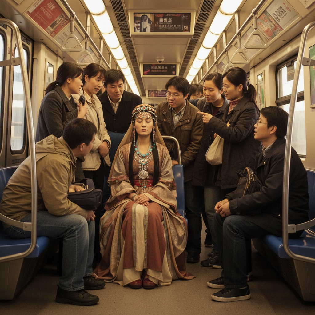 2011年北京地铁车厢内,一名身着古西域楼兰服饰的女子静坐,周围乘客投来惊奇目光