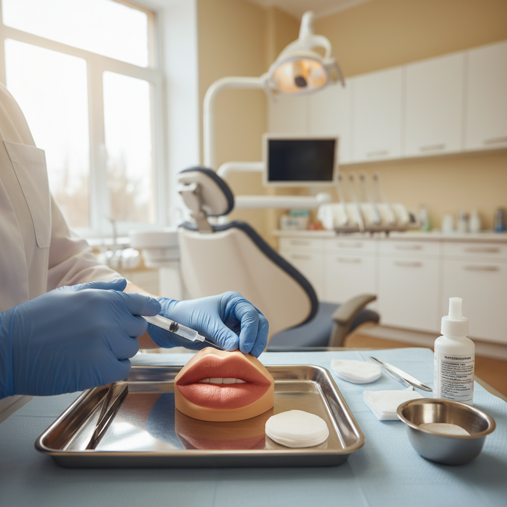 医生戴着医用手套在明亮的口腔科诊室内演示如何进行唇部局部注射治疗的模拟画面