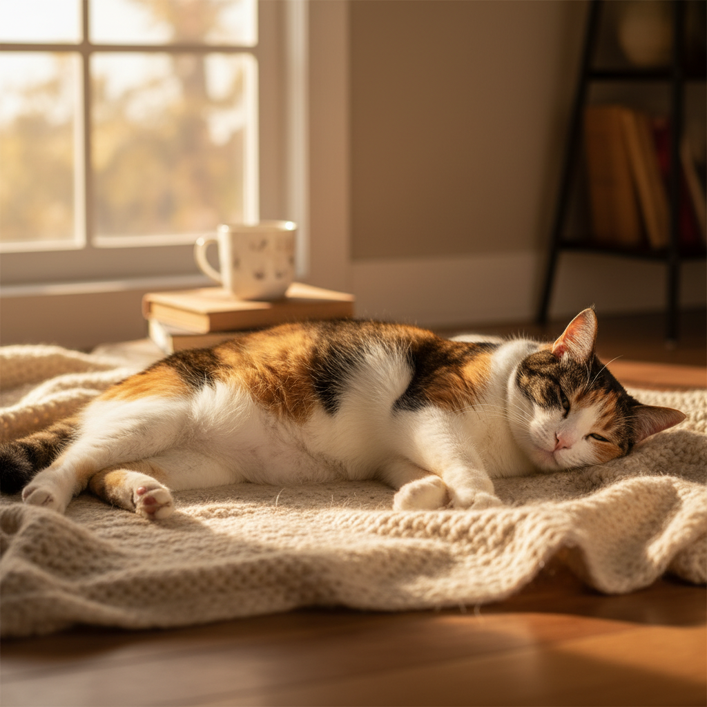 一只腹部明显隆起的三花母猫正侧卧在温暖的毛毯上休息，阳光洒在她柔软的毛发上