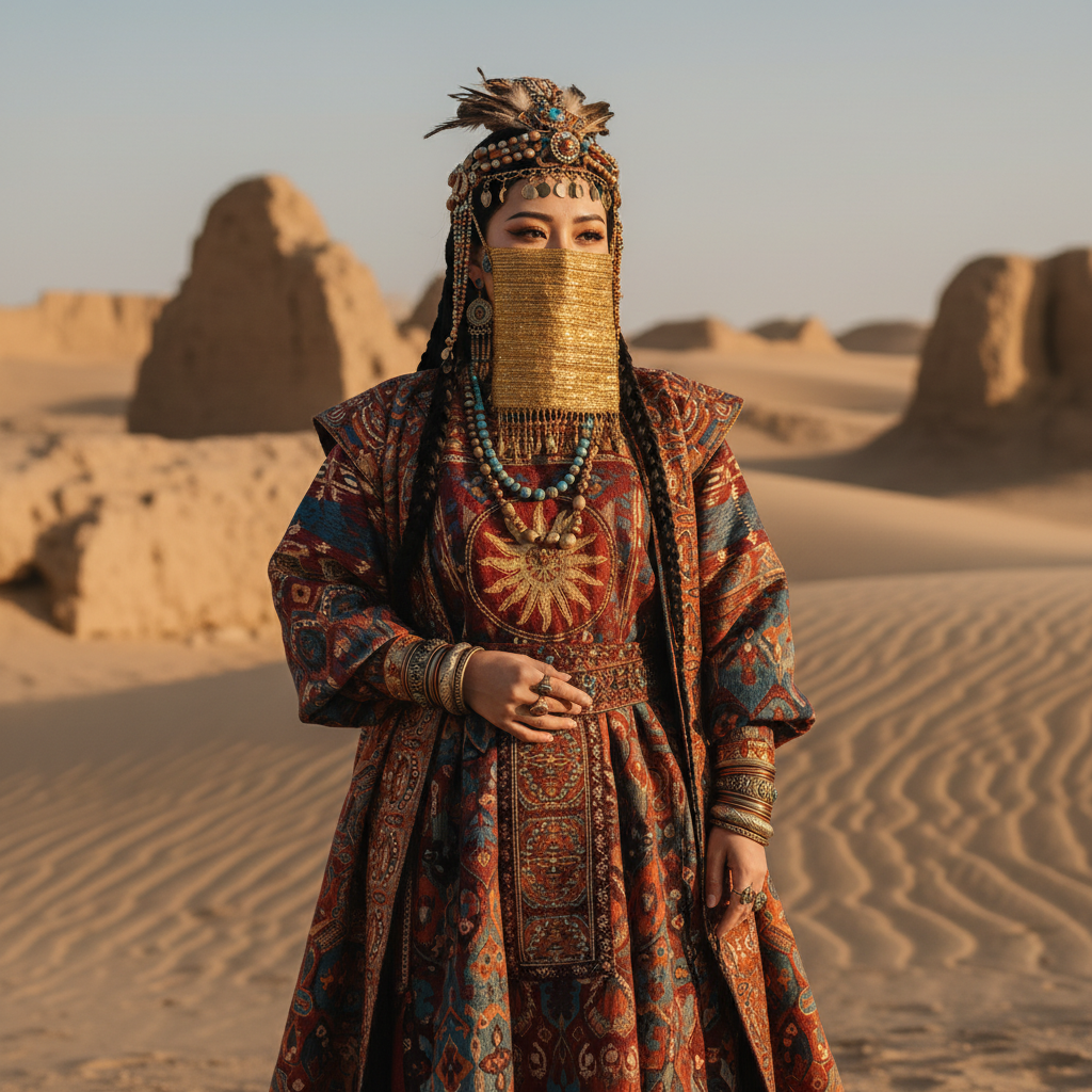 还原度极高的楼兰美女服饰细节,金色丝线织成的面纱下隐约可见深邃的五官与复古妆容