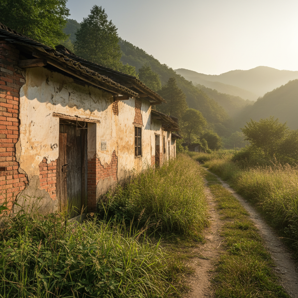 重庆巴南区偏僻的山村老屋，外墙斑驳，门前长满了杂草，显得有些荒凉寂静