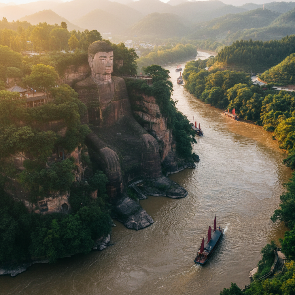 雄伟的乐山大佛俯瞰三江交汇处，阳光洒在佛头的螺髻上，周围是翠绿的植被和川流不息的江水