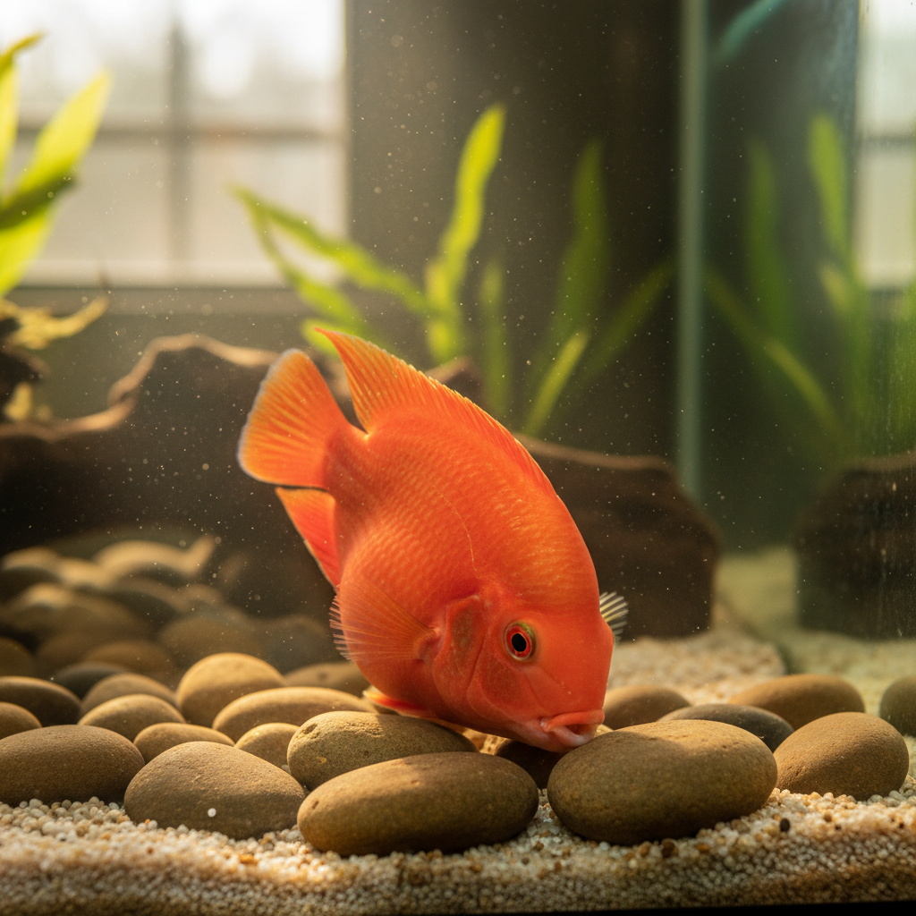 一条腹部明显隆起的红色鹦鹉鱼正在用嘴啃咬鱼缸底部的鹅卵石，周围散落着细小的砂砾