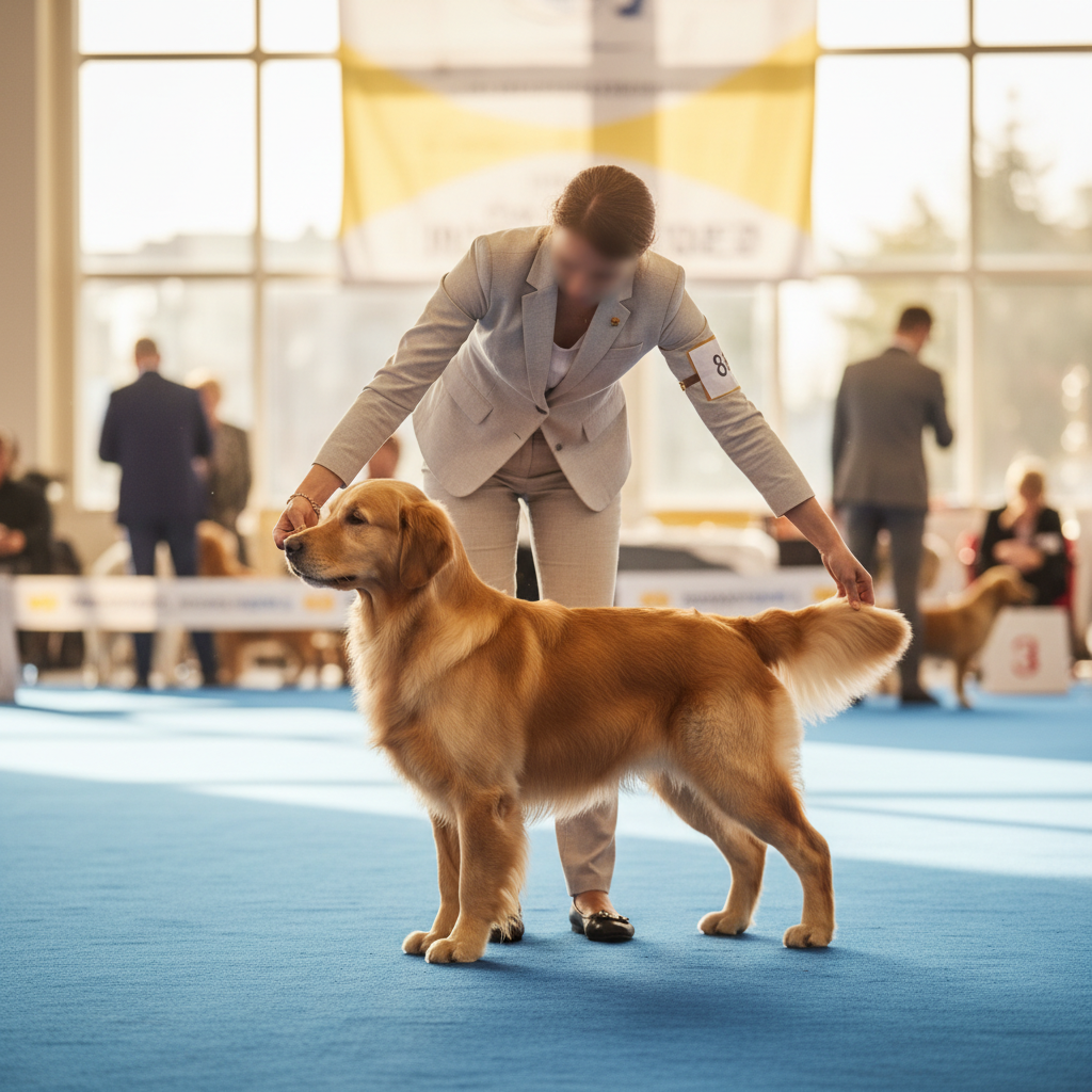 犬展现场一只金毛站在蓝色地毯上由牵犬师调整站姿