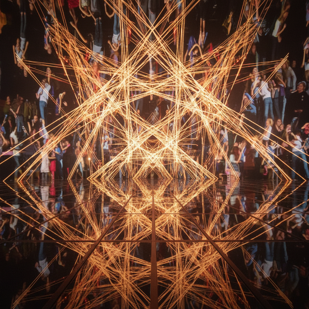 春晚舞台上巨大的3D全息投影光束与镜面地板交织，背景模糊的人影产生扭曲重叠的视觉效果