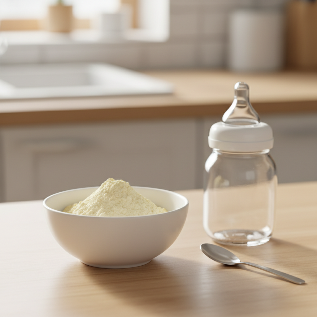 一个白色的陶瓷碗里放着几勺淡黄色的圣元奶粉,质地细腻,旁边放着一个干净的透明奶瓶和一把银色小勺