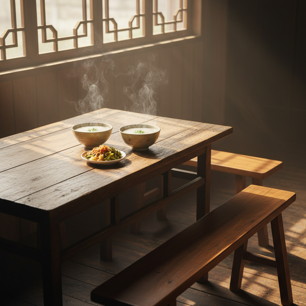 老旧的木桌上摆着两碗冒热气的稀饭和一叠咸菜，阳光透过窗棂照在空荡荡的条凳上