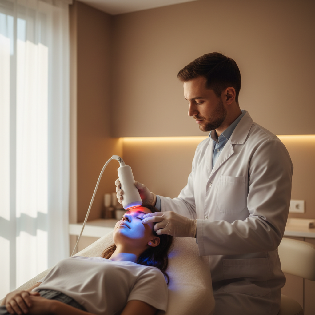 一位穿着白大褂的专业医生正在使用红蓝光治疗仪为患者进行面部理疗，温和的蓝色光笼罩着患者的脸庞