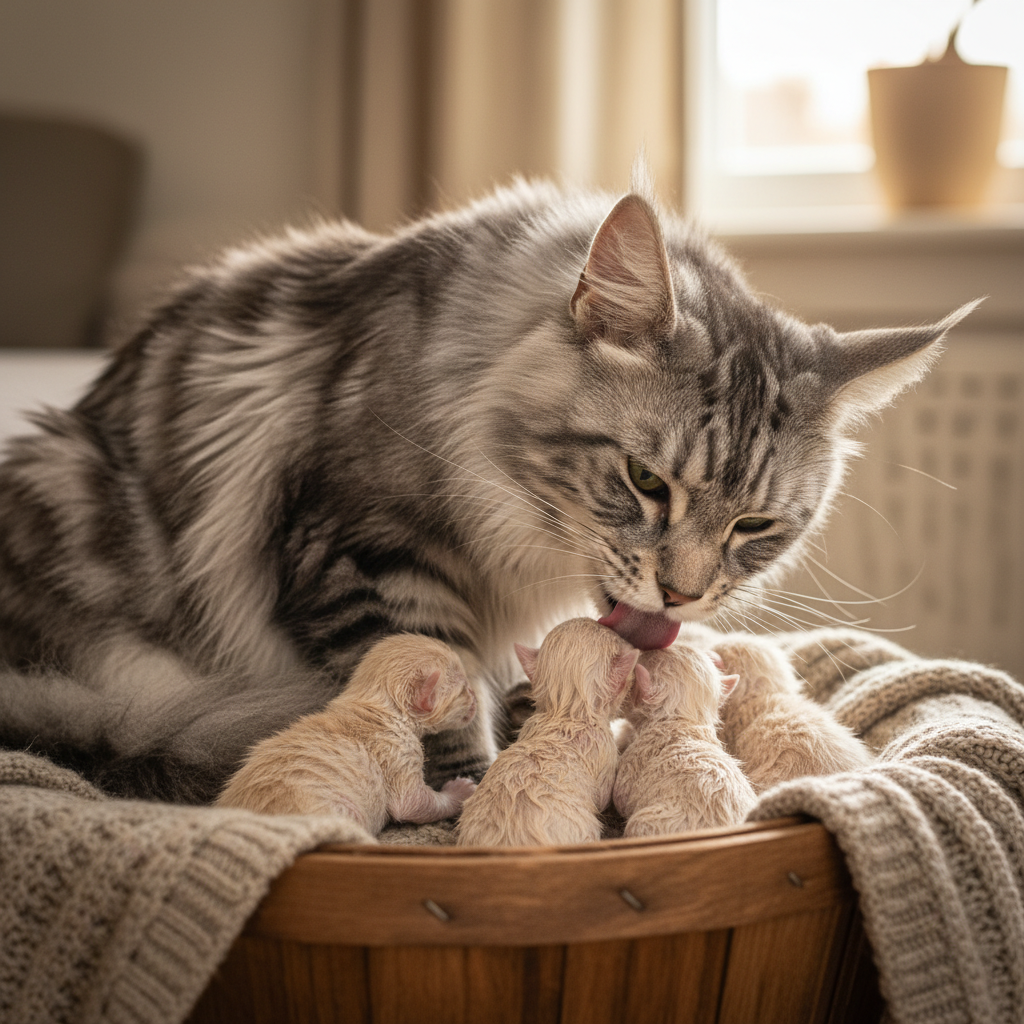 一只体型巨大的银虎斑缅因猫妈妈低头舔舐着身边的几只刚出生不久、绒毛湿润的小猫