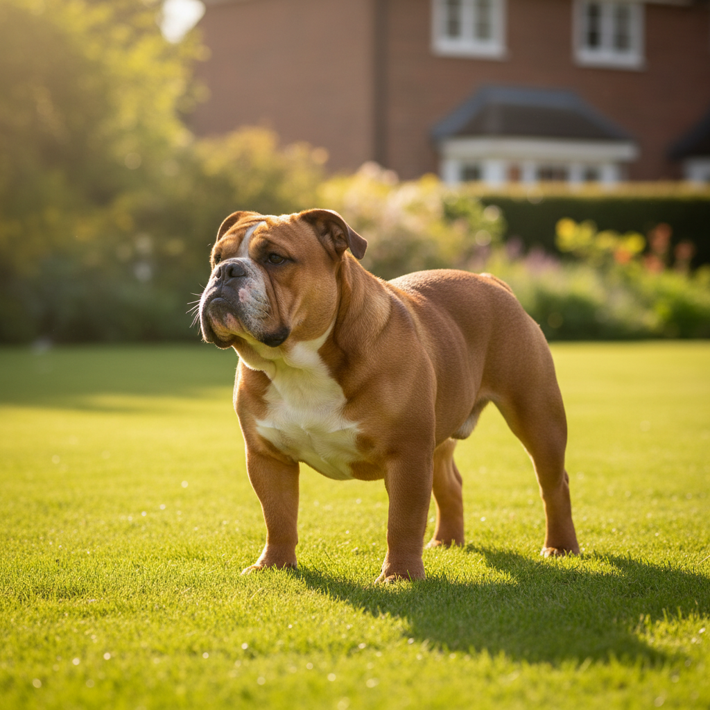 一只肌肉发达的成年英斗正站在草地上,展示其宽阔的肩膀和厚实的胸膛,毛色为红棕色,胸前有一块明显的白毛