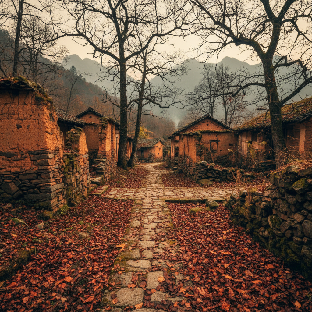 一片荒凉寂静的秦岭深山古村落，残破的土墙和石子路铺满落叶，透着神秘阴森的氛围