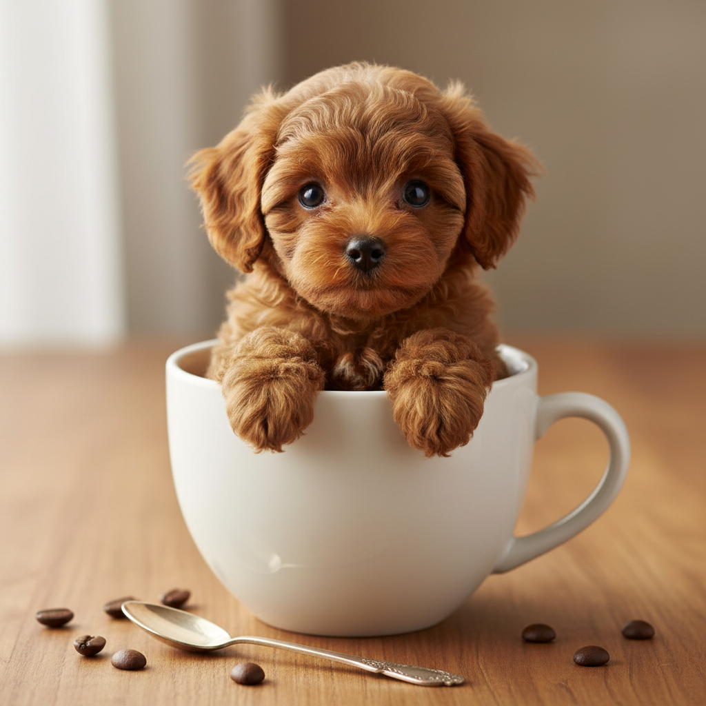 一只咖啡色的微型茶杯泰迪犬坐在白色的陶瓷咖啡杯里，大眼睛湿漉漉地看着镜头，背景是温馨的木质桌面