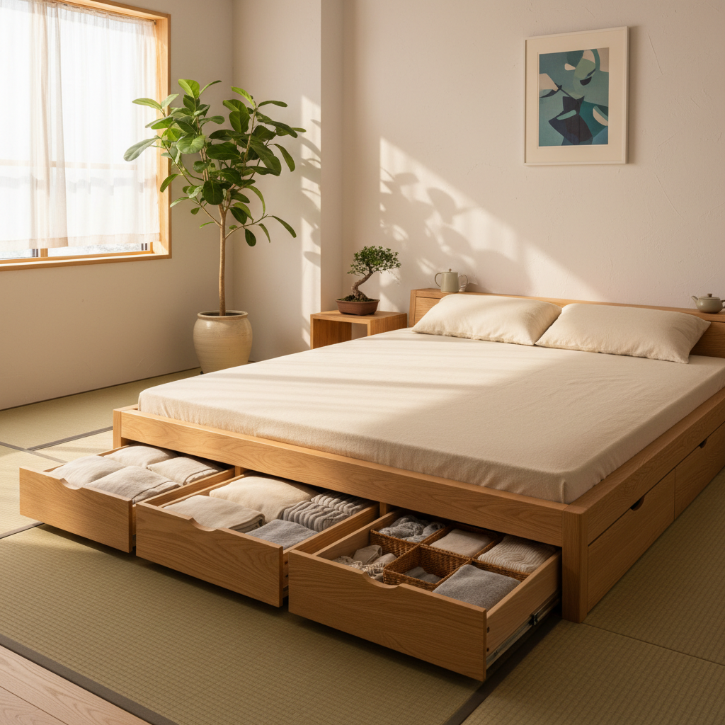 木色榻榻米床下抽屉整齐拉开