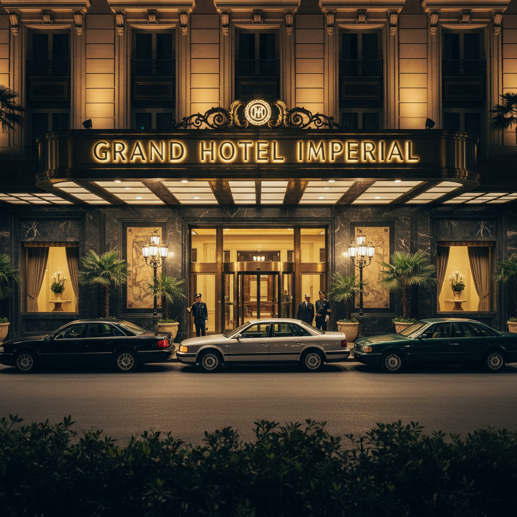 一家带有九十年代豪奢风格的星级酒店大门，金色的招牌在夜色中闪烁，门口停着几辆老款奥迪