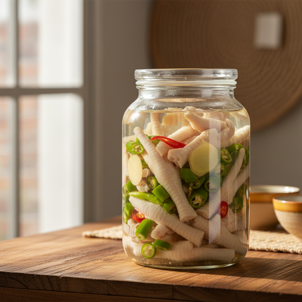 透明玻璃罐里装满了鸡爪和翠绿的小米辣，液体清澈见底，点缀着几片嫩黄的生姜和红色的鲜辣椒丝