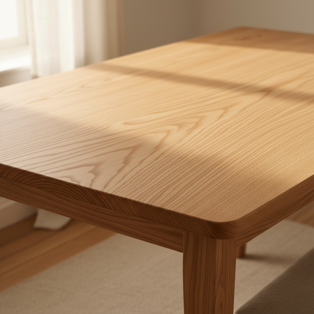 一张水曲柳实木餐桌的特写，木质表面呈现出清晰的大山纹理，色泽自然通透，边缘打磨圆润