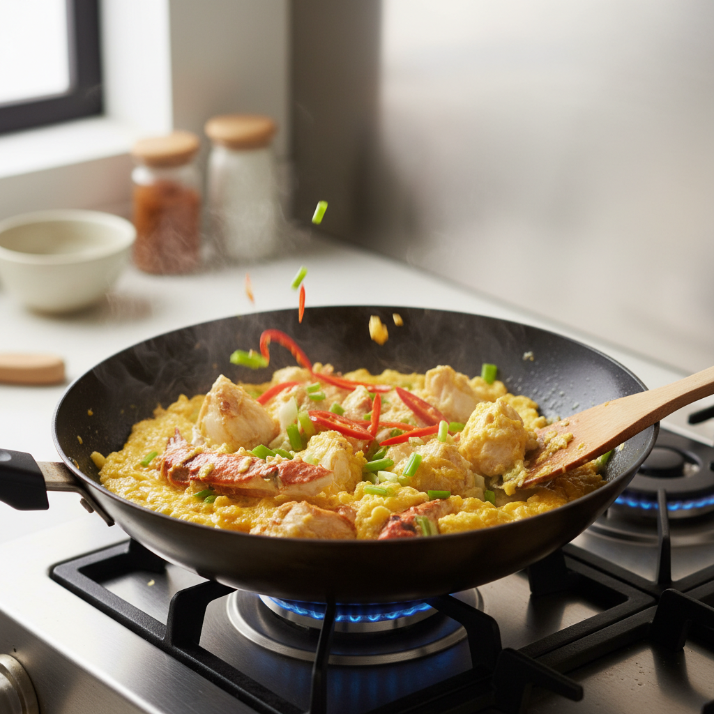 正在锅中翻炒的螃蟹块，裹满了金黄色的蛋液，葱花和红椒丝在锅气中跳跃