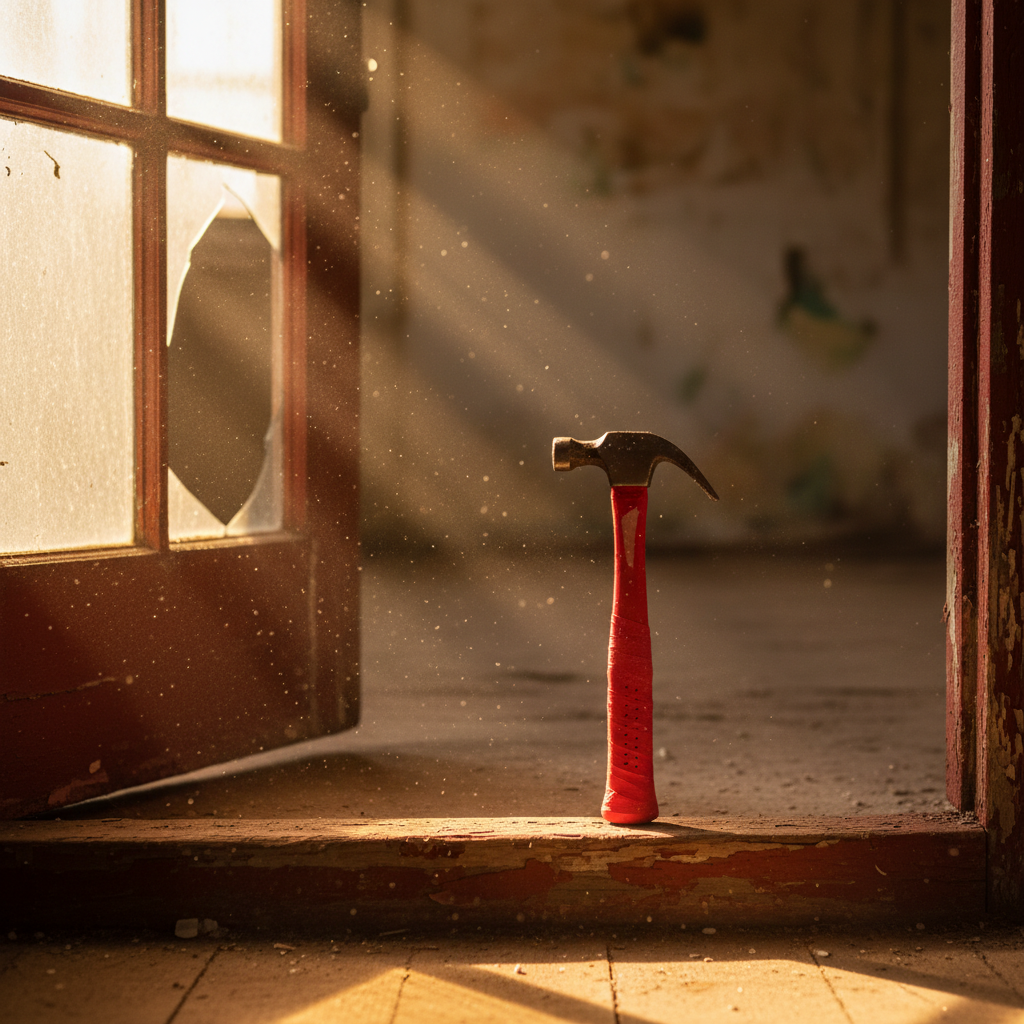 一个贴着红纸的崭新羊角锤放在老旧的红色木质门槛上,阳光从破损的窗户洒下,空气中浮动着细微的尘埃