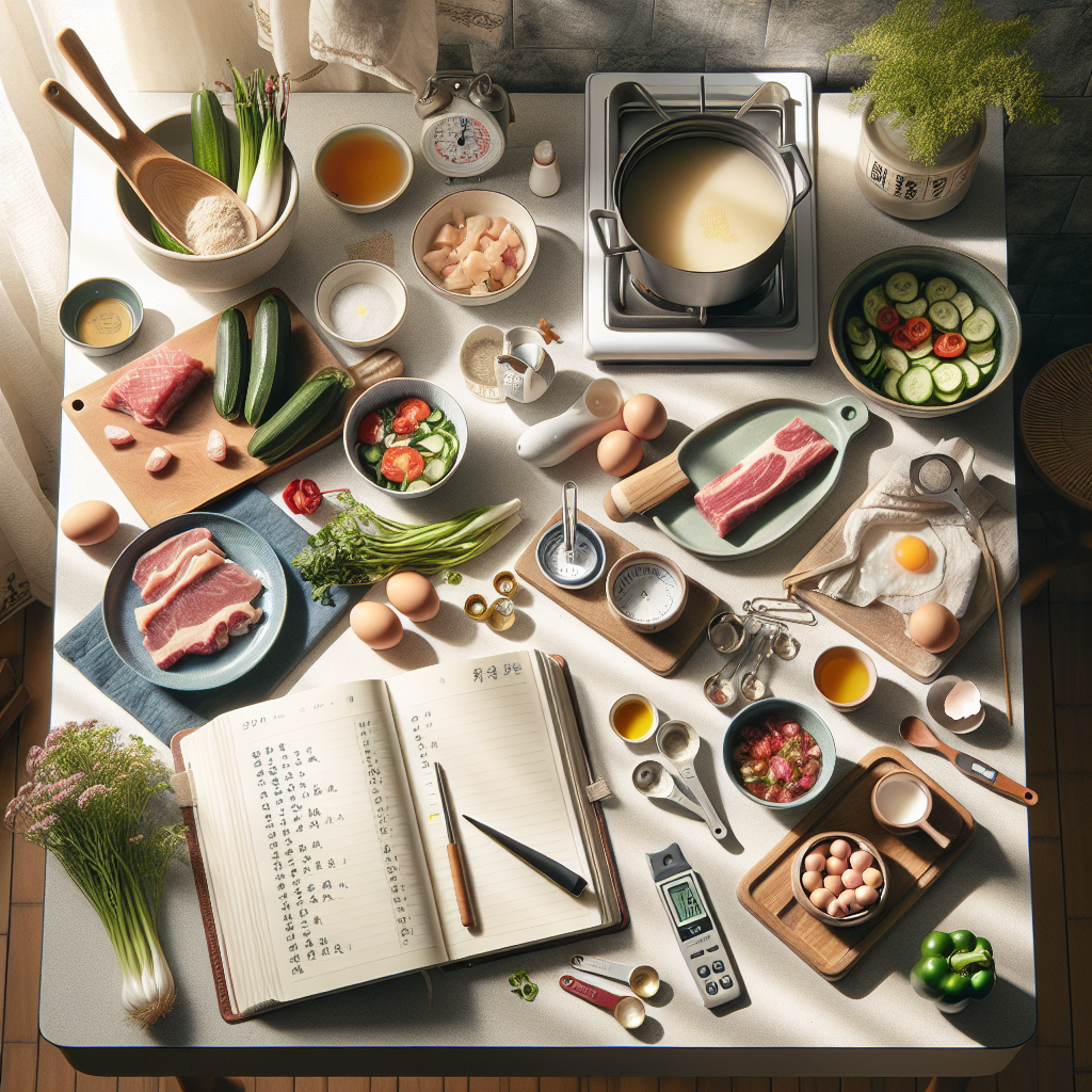 学做家常菜菜谱大全视频封面：食材、厨房秤和家常菜记录本