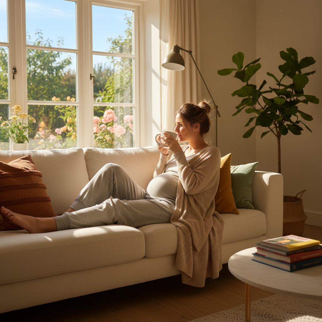 一位穿着舒适家居服的孕妈妈正靠在沙发上，悠闲地喝着杯子里的牛奶，窗外阳光明媚