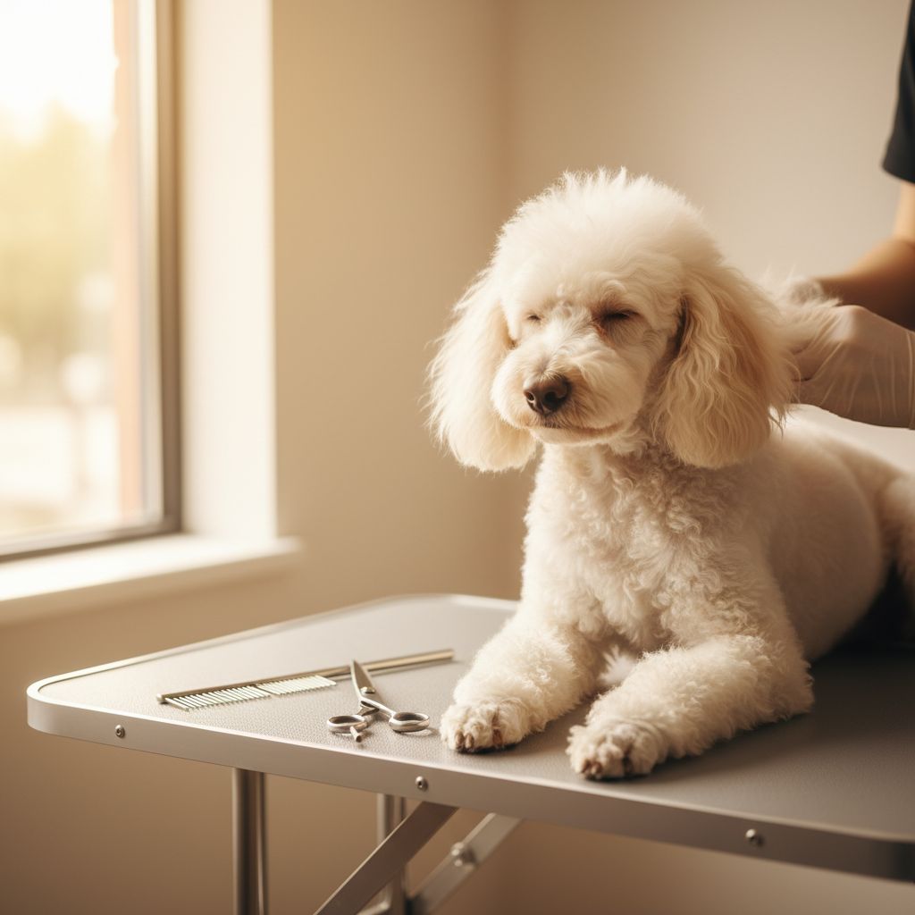 白色贵宾犬在美容台上梳理卷毛旁边放着银色剪刀和梳子