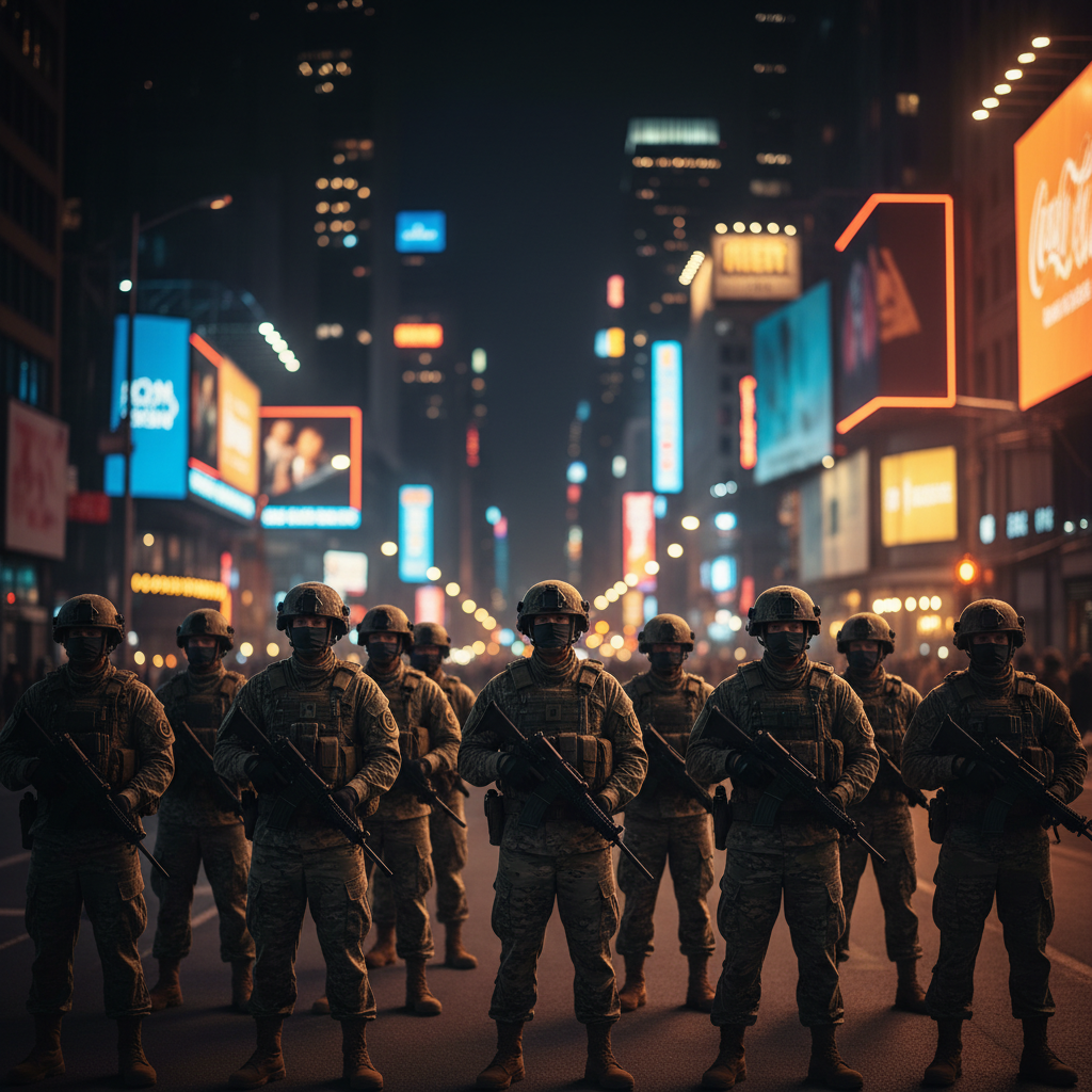 一群身着迷彩服的士兵在夜色下整齐列队，眼神坚毅，背景是繁华城市的霓虹灯火