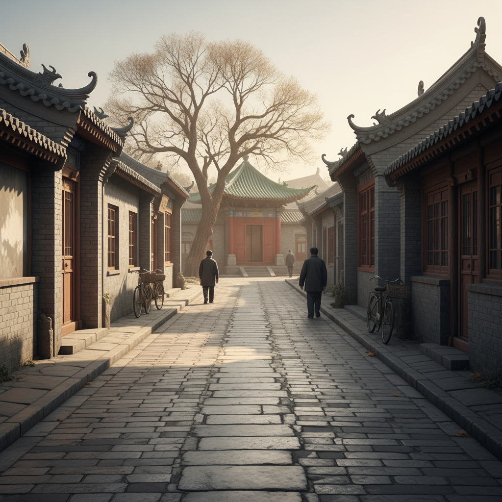 老北京北新桥旧影，低矮的民居与青砖街道，十字路口隐约可见古旧的小庙一角