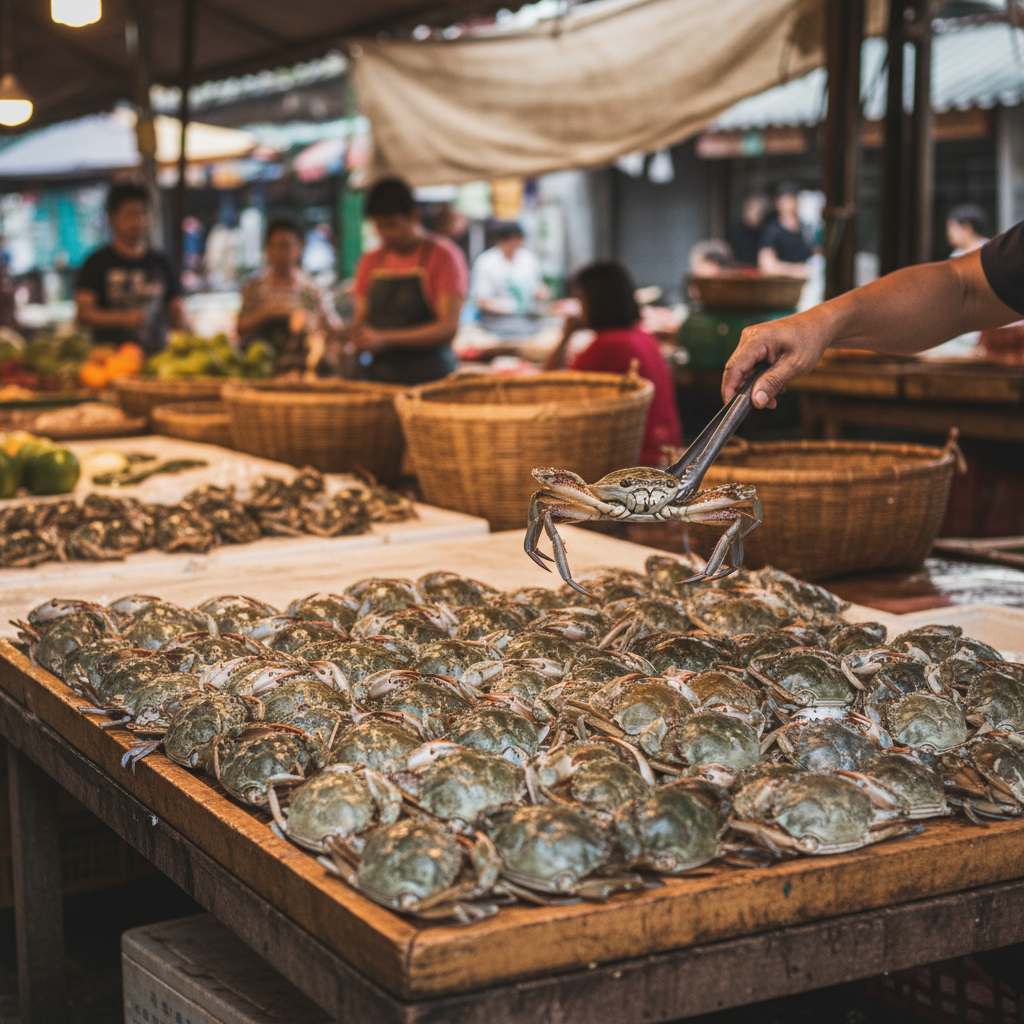 菜市场摊位上整齐码放的青背白肚螃蟹，摊主正伸手抓起一只活蹦乱跳的展示肥美程度